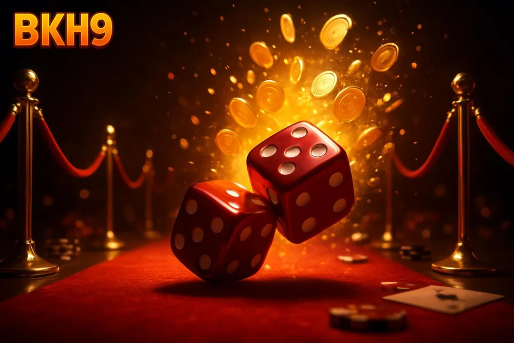 BKH9 Aviator game — dice tumbling above red carpet with gold coins