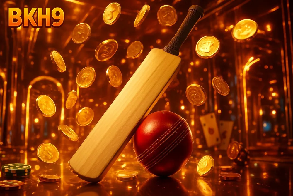 BKH9 cricket betting — cricket bat and ball amid falling gold coins