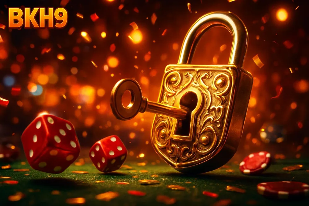 BKH9 login — golden padlock glowing on floodlit stadium pitch