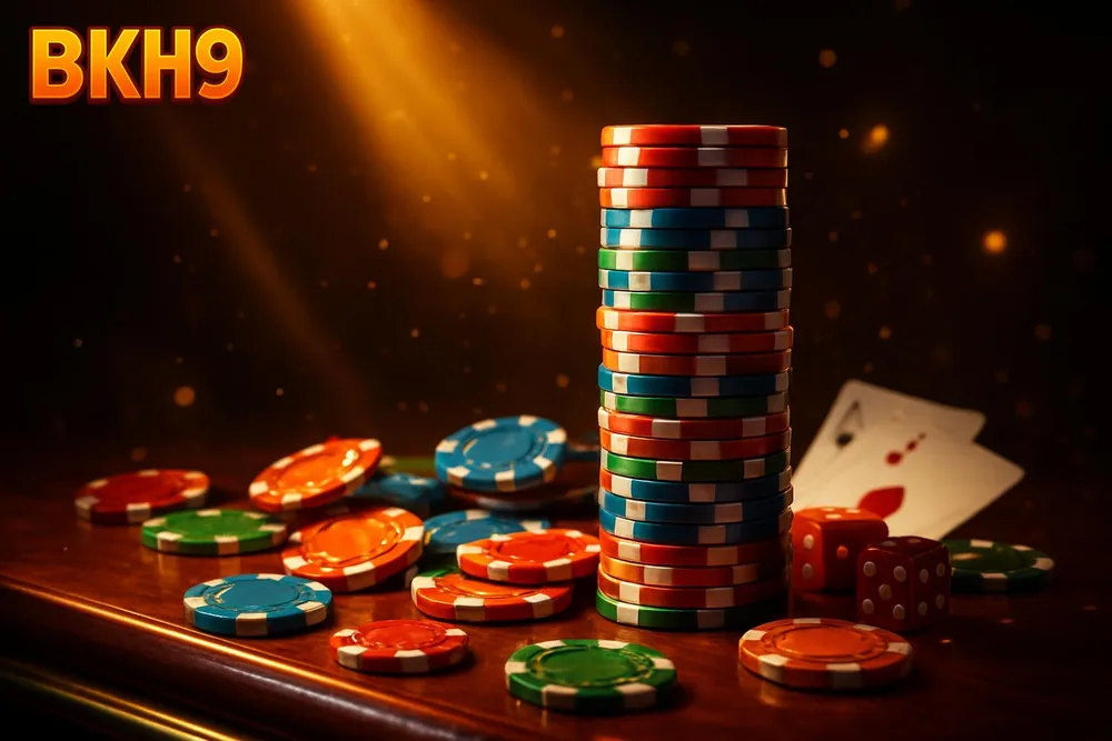 BKH9 signup bonus — tower of poker chips glowing on bar counter